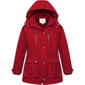 Women's Red Waterproof Fleece Lined Detachable Hood Jacket Coat Winter Warm